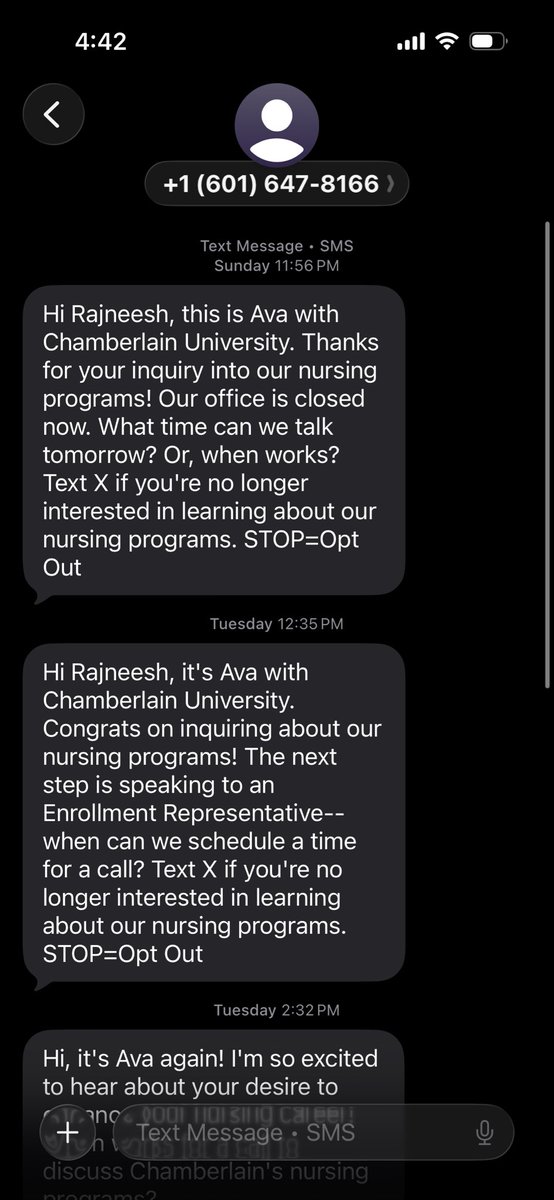 sheatech's tweet photo. @chamberlainedu this is the second person to reach out to me. I asked the first person to take me off the list. How do I make this stop? https://t.co/RK7bzeQzCg