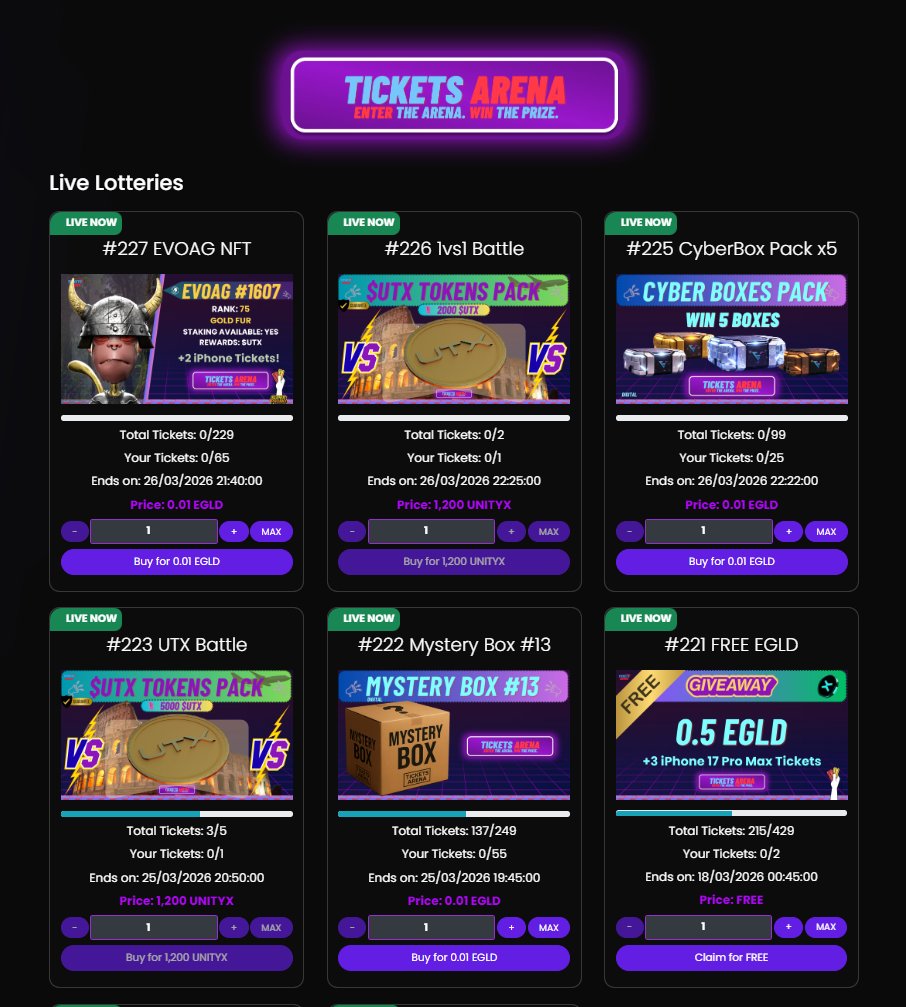 🚨 New Lotteries LIVE🚨

🔗dapp.eventivivi.it/lotteries

<a href="/PulsarMvX/">ᕈulsar on MultiversX</a> send 100 UNITYX to 50 reactions

💎 FREE $EGLD &amp; NFTs
⚔️ 1vs1 Battles
🎁 Mystery Boxes
📱 iPhone 17 Pro Max
🚁 DJI Mini 4K
…and much more. We’ve just reached Lottery #228.

Have you entered the arena yet? 👀

🔥 Try