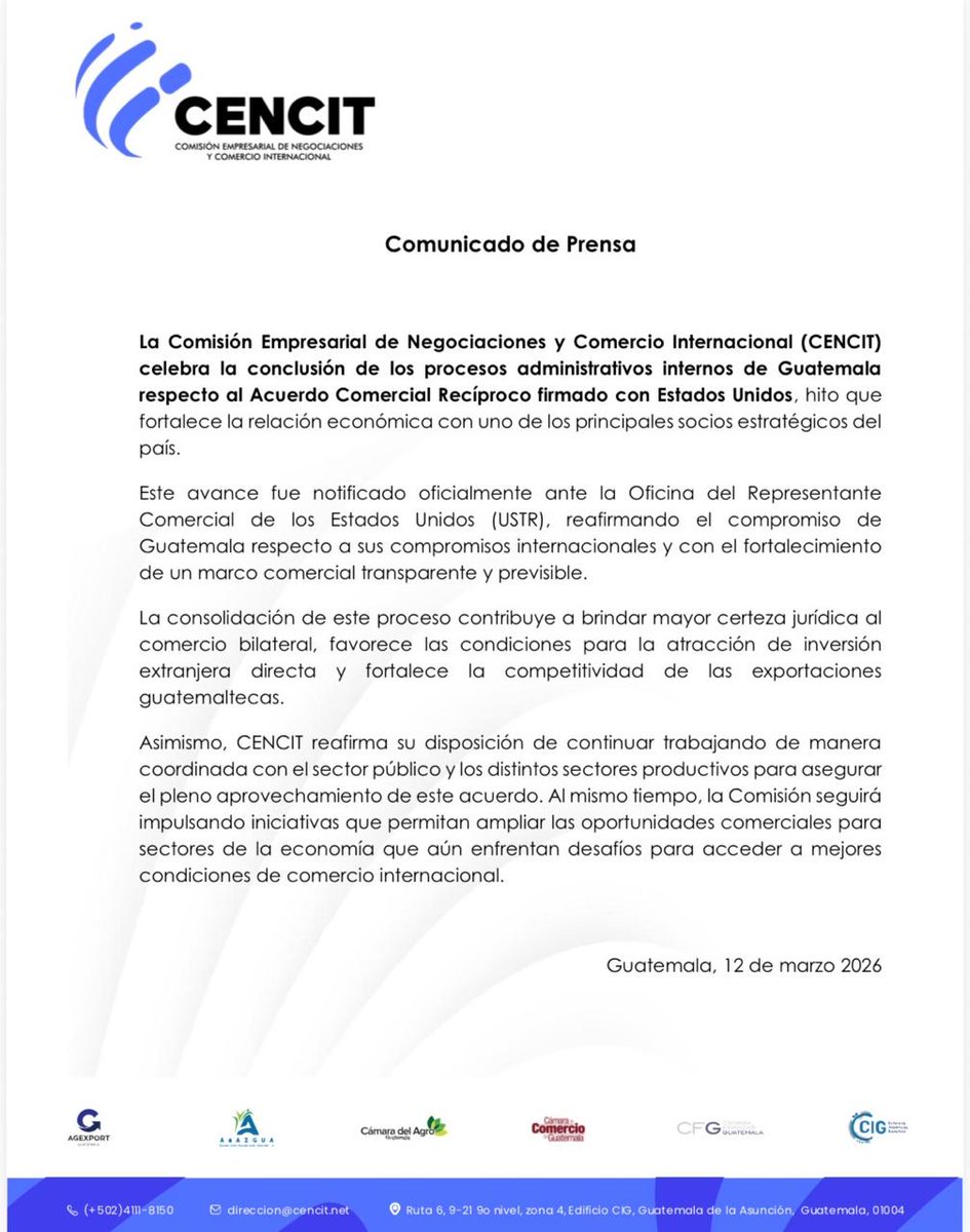 CencitG's tweet photo. CENCIT 
Guatemala avanza en consolidación del Acuerdo Comercial Recíproco con Estados Unidos. 
@AsazguaGT @AGEXPORTGT @CamagroGuate @CamFinanzasGT @CamComercioGT @industriaguate https://t.co/ymvAtIbRFL