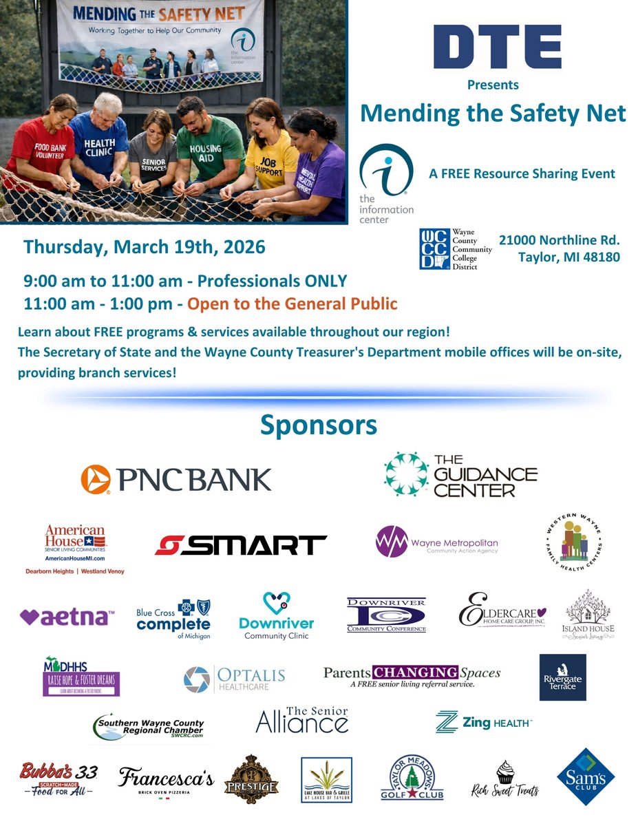 TheInfoCenter's tweet photo. 7 Days Until Our Annual Mending the Safety Net Resource Sharing Event! Join us for one of the largest FREE resource-sharing gatherings in S.E.!

A special thank you to our wonderful sponsors!

Help Begins Here!
734-282-7171
https://t.co/2N3pjBusM4 https://t.co/fobFAhG9Tt