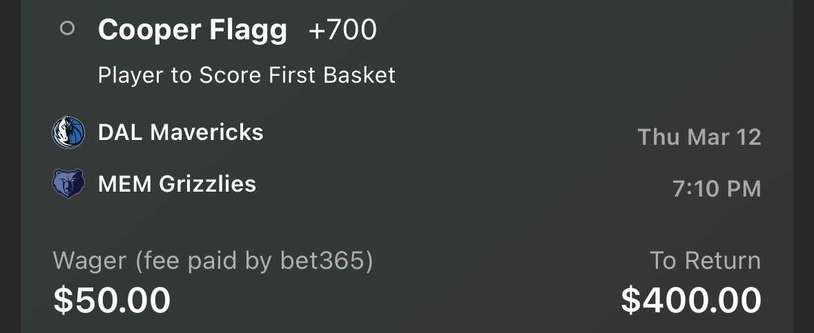 slam_dunk_bets's tweet photo. Weโre on Cooper Flagg #FirstBasket tonight! His +700 price on bet365 stands out from other sites as the best value and is worth a 1u bet - good luck!!
For access to all plays check out our discord - we currently have a FREE trial, link in bio!
#NBAPicks #PlayerProps #EVBets @sharpduel