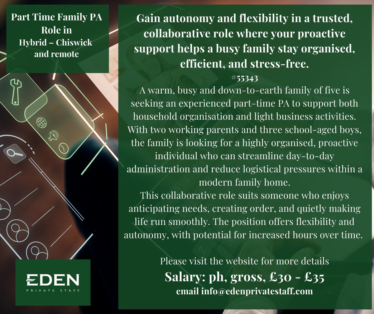 EdenPrivateStaf's tweet photo. Part-Time Family PA | Ref: AS-55343 | Hybrid Flexible Role

https://t.co/TAtmJUizlz

#FamilyPA #PartTimeRole #PersonalAssistant #PrivateHousehold #PAJobs #WorkLifeBalance #EdenPrivateStaff #HouseholdSupport #UKJobs #FlexibleWork https://t.co/xs6s16YG7B