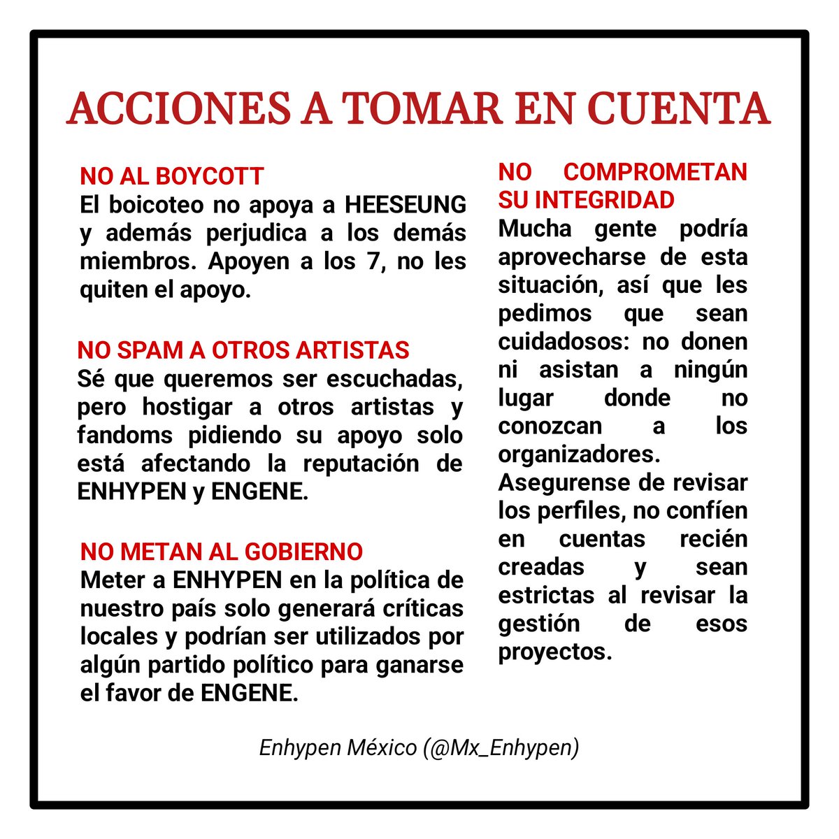 Mx_Enhypen's tweet photo. ENGENEs, les pedimos por favor leer atentamente la imágen. Les compartimos nuestra postura como ENGENEs y Fanbase mexicana. 

© 🌟🐧 Enhypen México 🇲🇽 https://t.co/nLXpkOXCjV