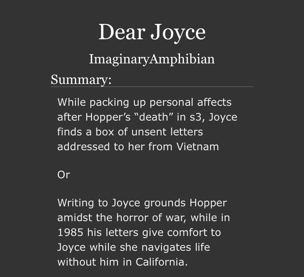 ImagAmphibian's tweet image. “Dear Joyce” has been posted! I hope you guys like it, lots more coming! #Jopper

archiveofourown.org/works/81079966