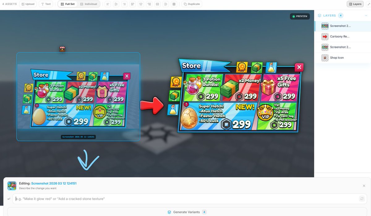 forgegui's tweet photo. In order to do the feature in the video
1. Upload a picture to a project
2. (right picture) Click on it and ask it to make it better or make the change you want.
3. Click enter or the button to start the generation in the bottom right.
4. Wait for your result! https://t.co/umL2CQBTPR
