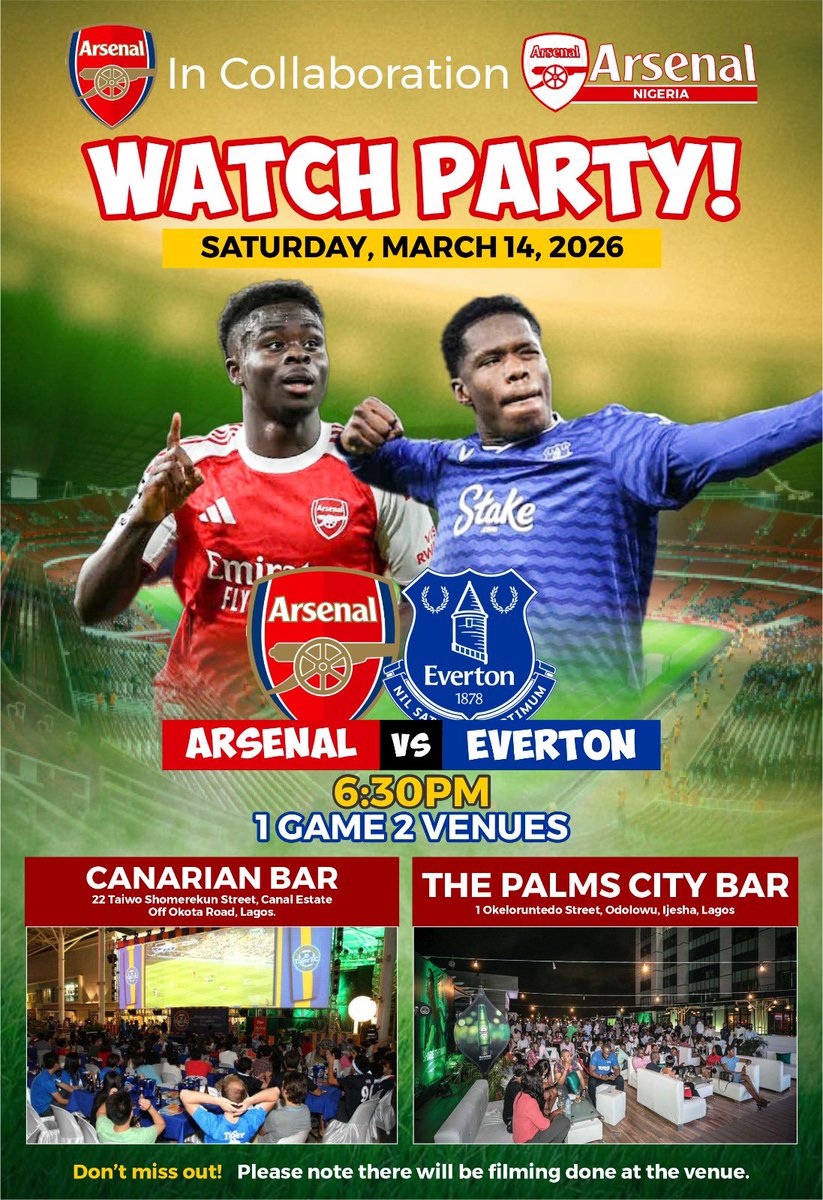 afcnigeriasc's tweet photo. Hey Arsenal Nigeria!

Join us this Saturday to watch the Arsenal vs Everton game live at our two locations. Arsenal media team will also be present to film the atmosphere &amp; capture the passion of Nigerian Gooners!

let’s make it a special one.  💪

#ArsenalNigeria #COYG https://t.co/o7KPL230NA