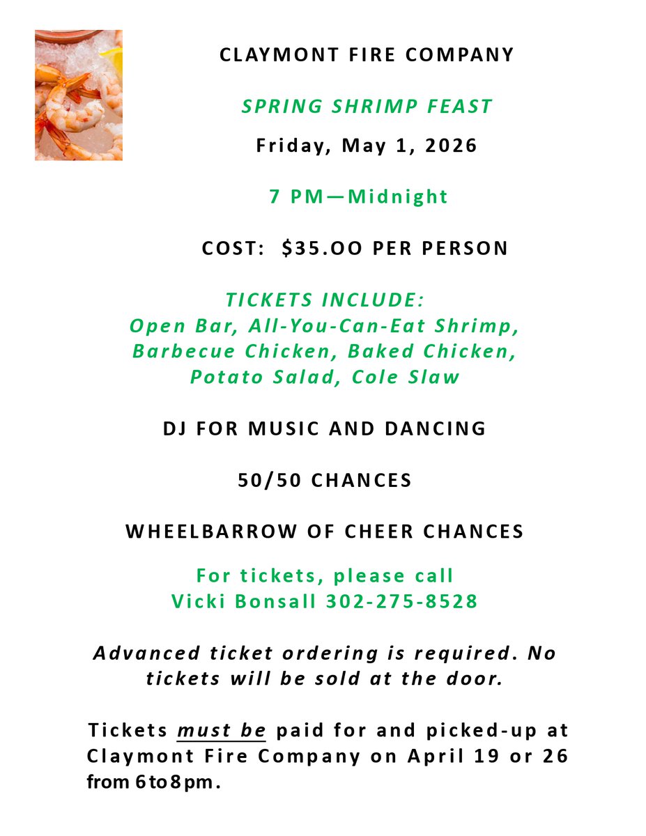 JessicaLewisDE's tweet photo. 🍤 🦐 🍤 🦐 It's that time of year again: the next Claymont Fire Company Shrimp Feast is May 1st so MARK YOUR CALENDARS &amp; SUPPORT THE LADIES AUXILIARY 🇺🇸 🇺🇸 🇺🇸 🇺🇸 Buy your tickets early (we usually sell out) THEN PREPARE TO HAVE AN AWESOME NIGHT🍷🍺🍹🍻
 
(PS: please share!!!) https://t.co/sakAkcJM2i