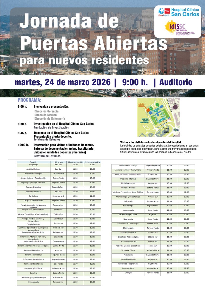 IIS_IdISSC's tweet photo. ¿Y si tu residencia pudiera cambiar el #futuro de la #medicina? 🔬✨

Ven a la #JornadaDePuertasAbiertas del #HospitalClínicoSanCarlos para futuros #residentes

🎓 Formación  
🏥 Especialidades  
🔬 Investigación con @IIS_IdISSC 

📅 24 marzo | 🕘 9:00 h  
📍 Auditorio HCSC

#MIR https://t.co/wvNeFlD2NX