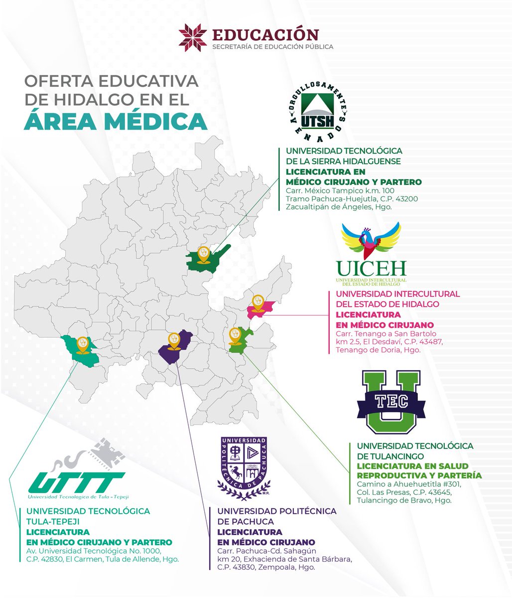 En Hidalgo, la vocación de salvar vidas también se forma en nuestras universidades. 🩺 A través de instituciones como la <a href="/UTSH1997/">UT SierraHidalguense</a>, la <a href="/UICEH/">UICEH</a>   la <a href="/utec_tgo/">UTec Tulancingo (Oficial)</a>, la <a href="/UPPachuca/">Universidad Politécnica de Pachuca</a>  y la <a href="/UTTT_MX/">UTTT</a> , jóvenes hidalguenses pueden prepararse en el área médica con calidad, compromiso y sentido