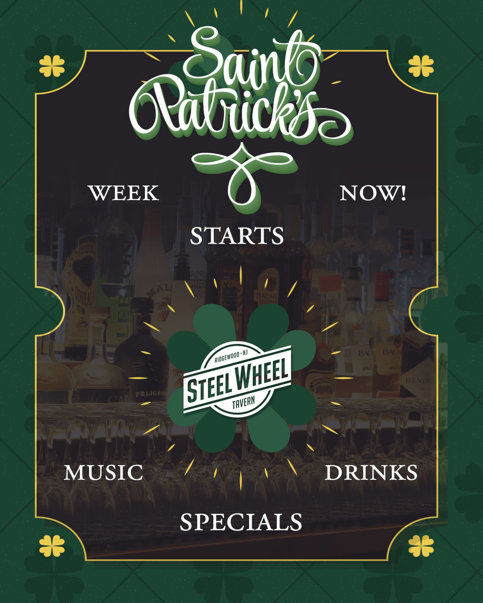 TavernSteel's tweet photo. We're kick'n off St. Patrick's Week at the Wheel! 🍀 Join us for shamrock'n drinks, live music, and festive food specials (starting tomorrow). Come celebrate with us and keep the St. Patrick's spirit flowing! 🍻

#StPatricksWeek #ShamrockAndRoll #SteelWheelTavern #RidgewoodNJ https://t.co/Km85wggxOc