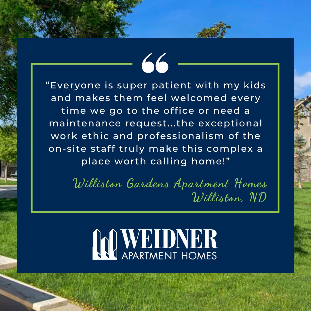 Thank you for your glowing review! 🥰

We are so grateful for residents who share about their experiences. Hearing that our team’s efforts help your family feel welcomed is exactly why we do what we do!

Learn more about #WillistonGardensApartments: heyor.ca/KKnekL