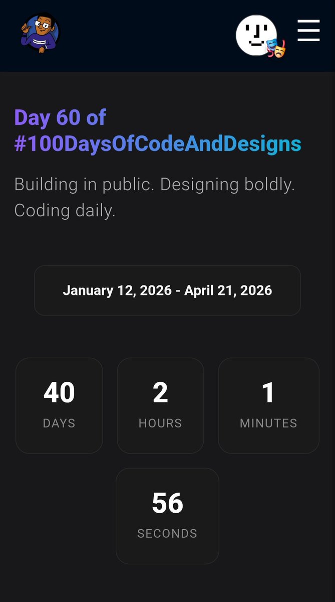 wu_ra_leeh's tweet image. Day 60 of #100DaysOfCodeAndDesigns with the Sarcastic Geeks Trybe @sarcasticgeek4u

Shoutout to everyone who has been watching this journey and didn’t give up on me 🥹🧡

60 days in.... we keep going!!!