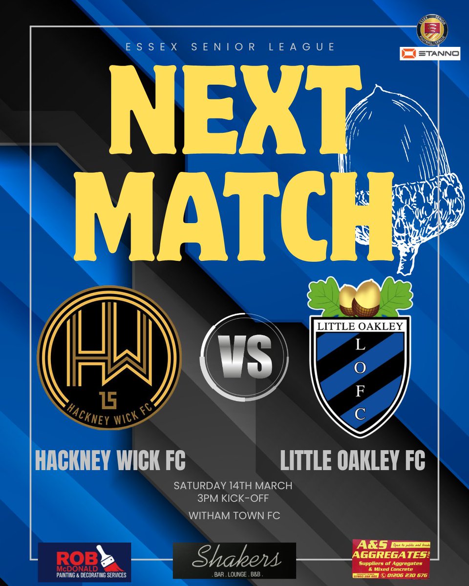 ⚫🔵𝑵𝑬𝑿𝑻 𝑴𝑨𝑻𝑪𝑯 !!⚫🔵

After the Midweek Cup Victory it's a Return to Essex Senior League Action when the Acorns are back on the road this time to the Simarco Stadium, Witham to face <a href="/HackneyWickFC/">Hackney Wick FC</a> in a 3pm Kick-Off.

Acorns Fans, get yourself over to the home of Witham
