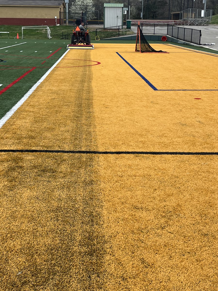 C_Zurcher's tweet photo. Another couple of synthetic turf fields cleaned. Lots of metal removed by the magnet and debris swept up. Tines loosened up the compacted crumb rubber and then redistributed back on the fields. #americansportsfields #syntheticturfcleaning https://t.co/cwEz1tK5Ew