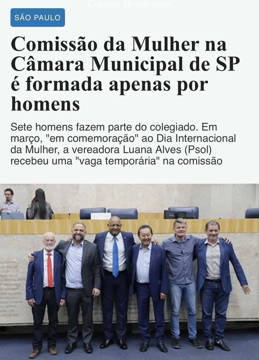 Curioso…

Quando uma “Comissão da Mulher” é formada só por homens, quase ninguém se revolta.
Mas quando uma mulher trans, como Erika Hilton, assume a presidência, dizem que é um absurdo…