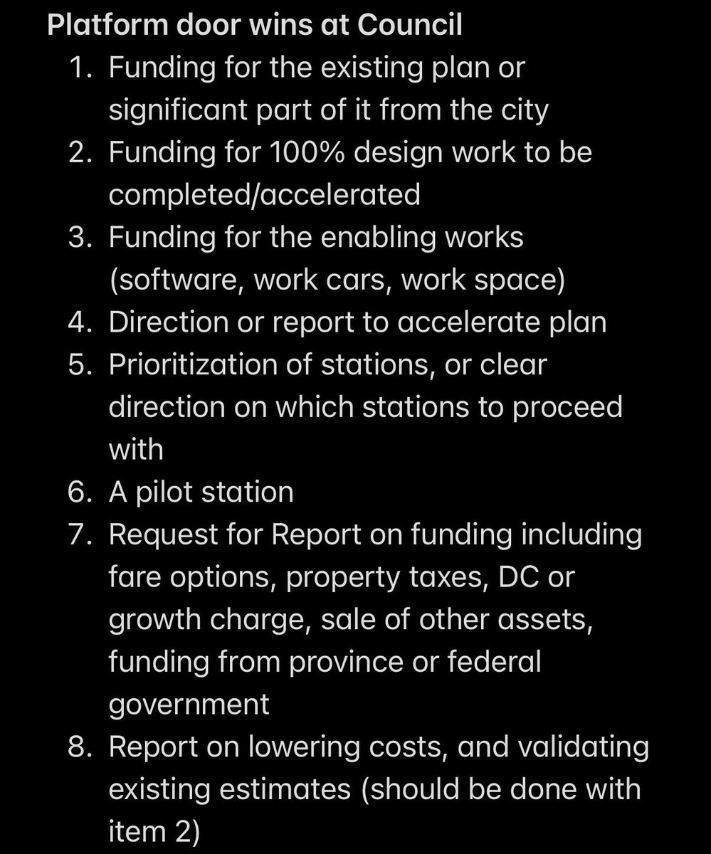 As we wait for councillor Bradfords motion on platform doors to come to council. Here are some of the things we will be looking for that would be clear wins…council has so far been protected by the TTC Board from having to vote on this issue, so we don’t have any idea how folks