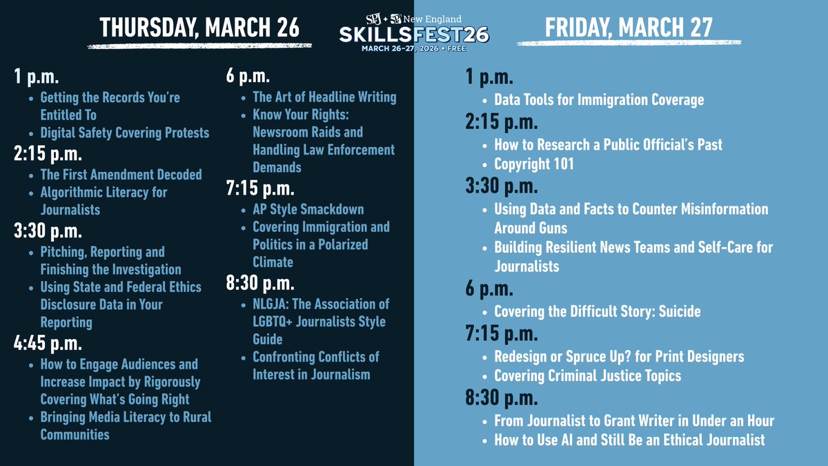 spj_tweets's tweet photo. 📣 Join SPJ and @spj_newengland for SkillsFest26! A free, two-day virtual program March 26–27 with hours of hands-on journalism training from top industry pros. 📰

✍️✅Registration is free and open to all.  

🔗Learn more and sign up today!: https://t.co/A2UQ0VA5DD https://t.co/A4w8mhdRrO