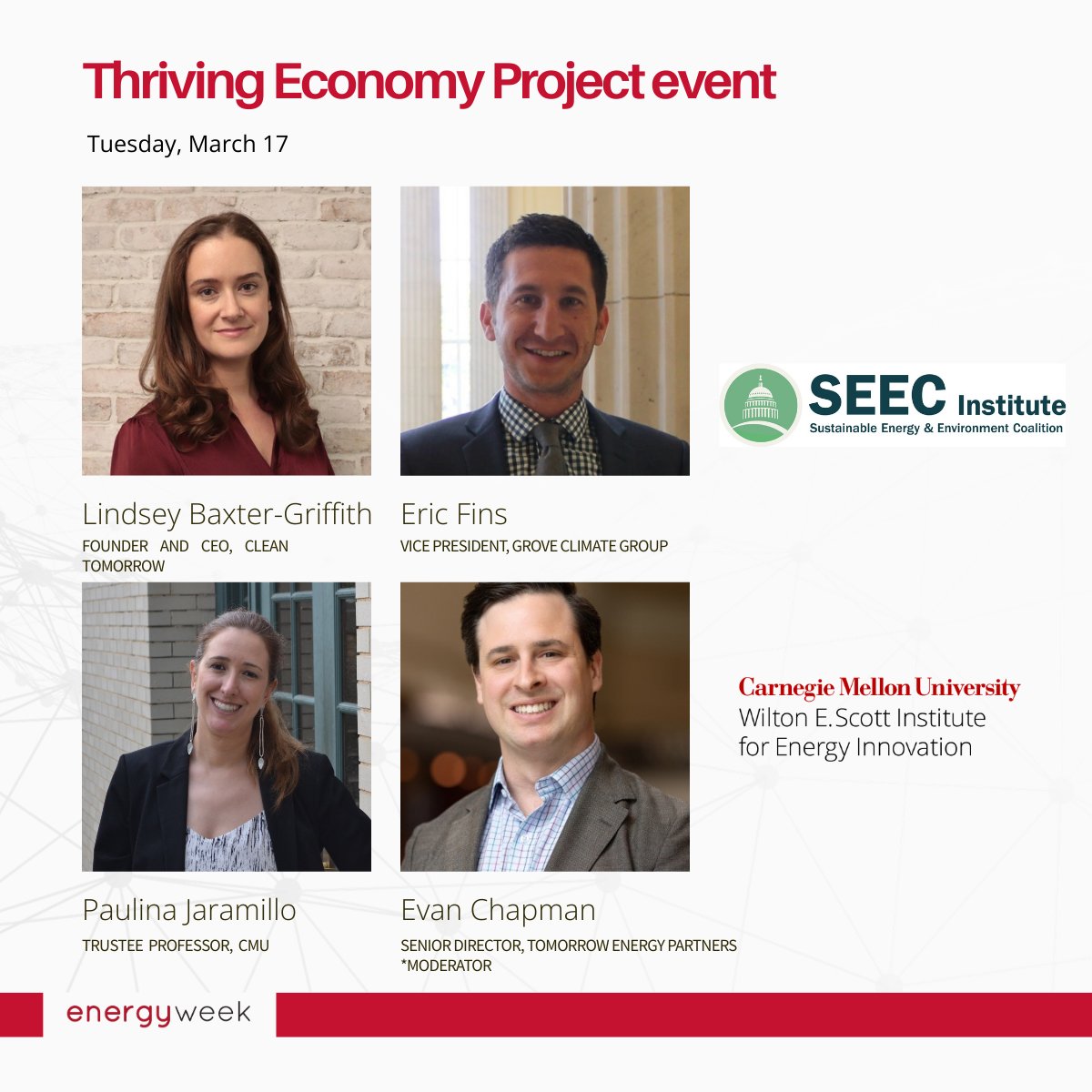 CMUenergy's tweet photo. CMU Energy Week begins on Tuesday, March 17 with Student Day, featuring the popular student research symposium and a Thriving Economy Project workshop. 

Register for Energy Week ⬇️
https://t.co/hzlny0fGF0
Explore the schedule ⬇️
https://t.co/4pvFrsF6LB https://t.co/LSMHcqWglj