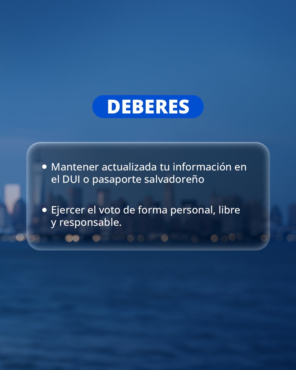 La Ley Especial para el Ejercicio del Sufragio en el Extranjero, garantiza los derechos  y deberes ciudadanos de los salvadoreños que residen fuera de nuestras fronteras. 🌐🗳️

A través de ella, se promueve su participación en los procesos democráticos, asegurando que su voz