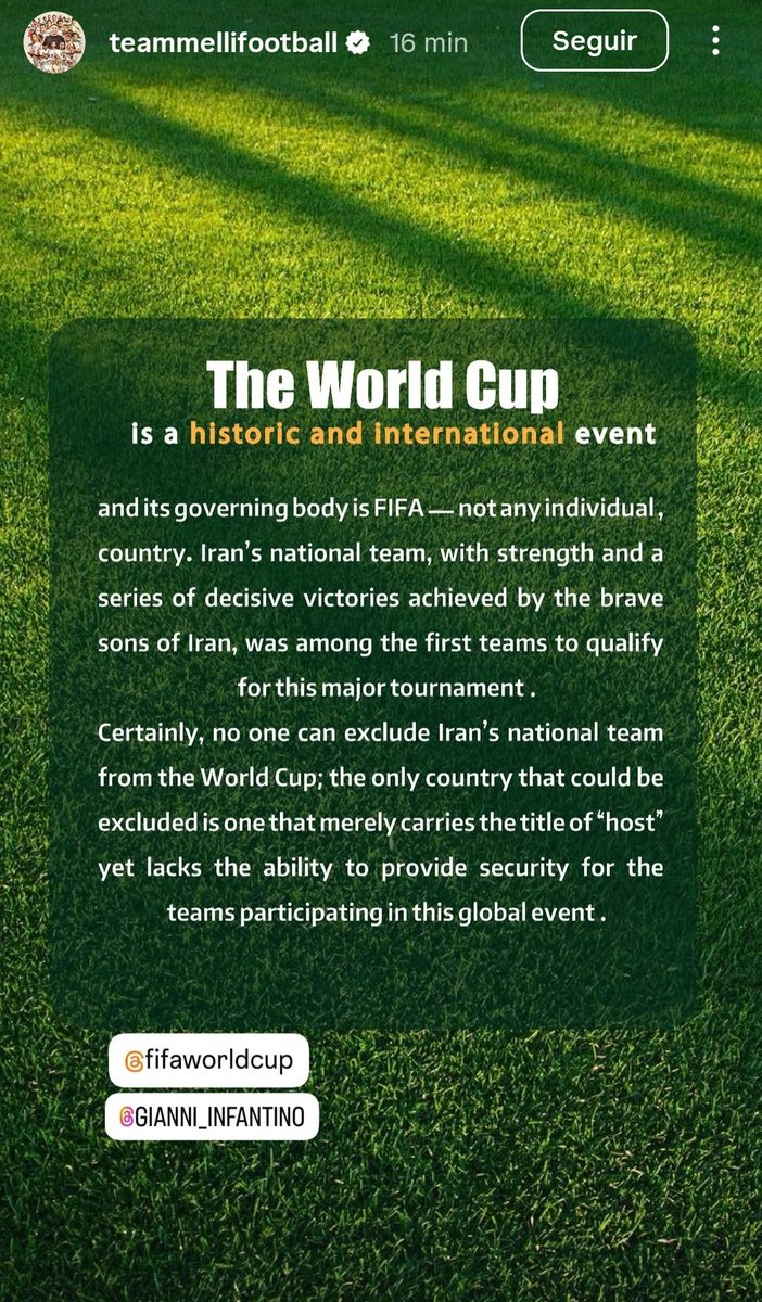 nahuelzn's tweet photo. 🇮🇷⚡🇺🇸 Respuesta desde la cuenta oficial de la selección iraní al post de Trump:

El Mundial es un evento histórico e internacional, y su organizador es la FIFA, no un solo país. La selección nacional iraní también se clasificó para este evento con autoridad y mediante victorias consecutivas, convirtiéndose en uno de los primeros equipos en llegar a este gran torneo.

Ciertamente, nadie puede excluir a la selección iraní del Mundial. Más bien, el país que debería ser eliminado es aquel que solo ostenta el título de "anfitrión", pero no tiene la capacidad de garantizar la seguridad de los equipos que participan en este evento.