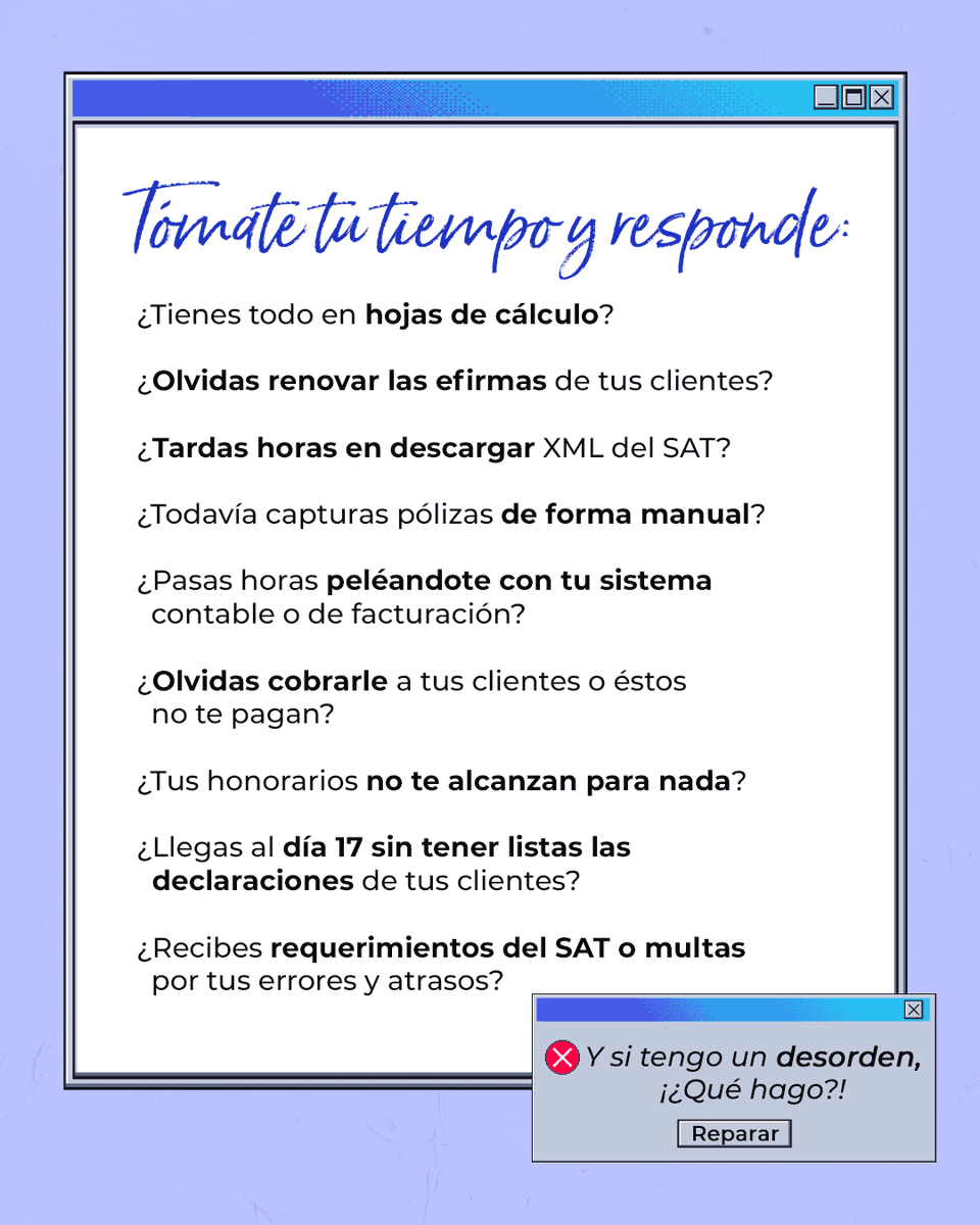 ContabilidadDig's tweet photo. ¿Declaraciones atrasadas? ¿Problemas con los clientes? ¿Mucho tiempo perdido para hacer la contabilidad? Si eso te está pasando, tu #DespachoContable se salió de control.😵‍💫 https://t.co/FnnwtaqGs8