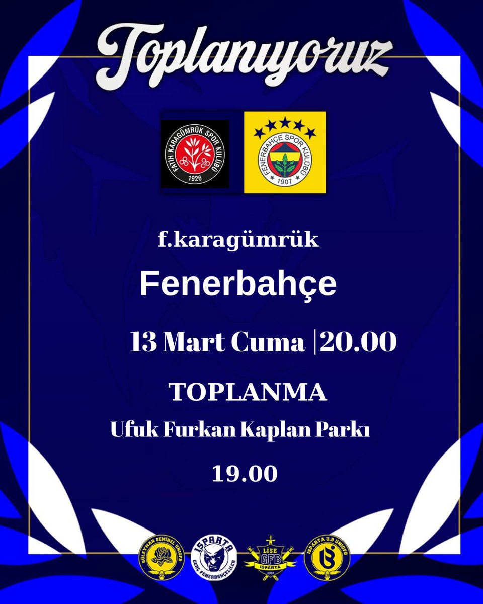 📢 TOPLANIYORUZ!

FENERBAHÇE’mizin bugün   oynayacağı f.karagümrük  maçı için saat 19.00'da  Ufuk Furkan Kaplan parkında toplanıyoruz. Isparta'da olan tüm kardeşlerimizi bekliyoruz.

#SpartanHools