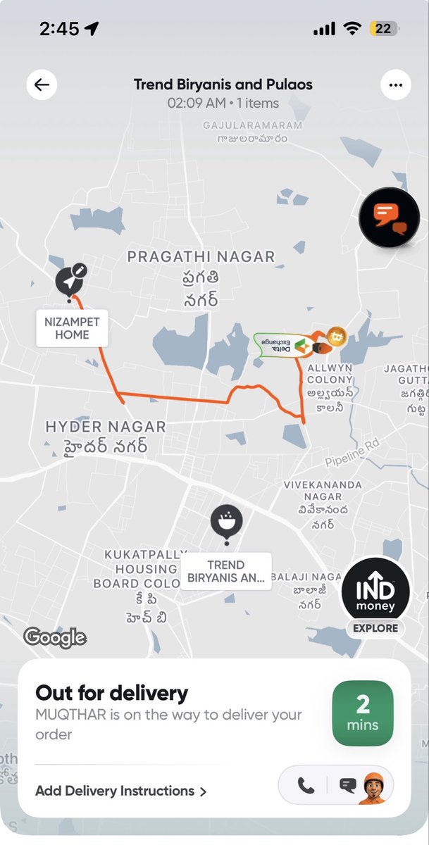 SunkariHarish's tweet photo. @Swiggy delivery partner has been going around without delivering my order. He is on the wrong route and your bot is asking me to wait for 2 minutes everytime. What is he doing waiting at random places? Why is he not answering my calls? https://t.co/zByq2Nh978