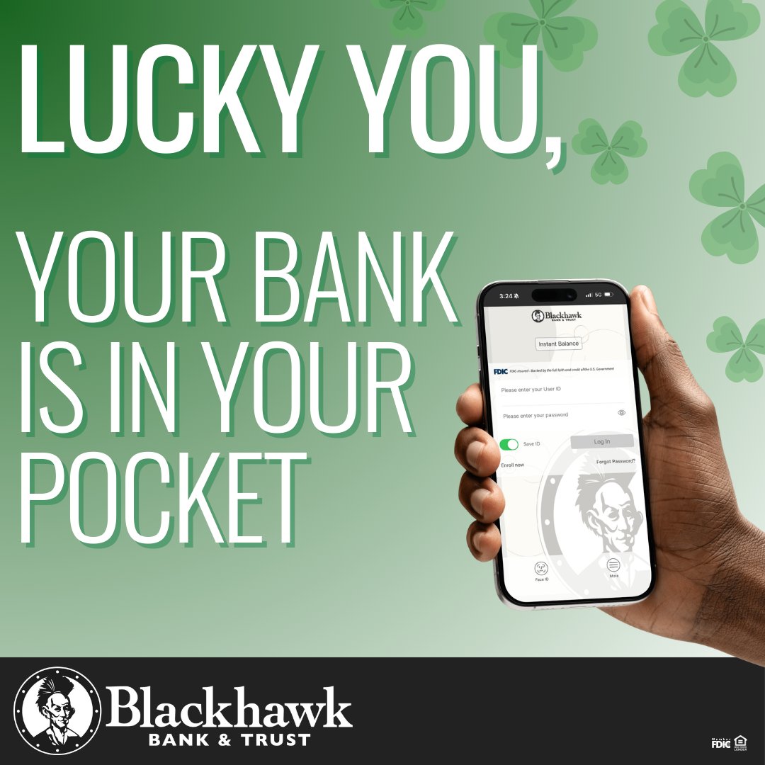 ChoosetheChief's tweet photo. Looks like your banking just got easier. 🍀
With the Blackhawk Bank &amp; Trust mobile app, you can manage your money anytime, anywhere. Download the app and start banking on your schedule.

#ChoosetheChief #BankLocal #CommunitySupport #CommunityBanking https://t.co/DP85YlkxmU