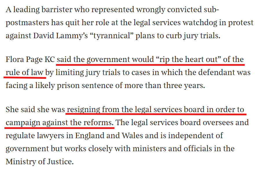 theolester42's tweet photo. Some seriously scorching stuff against Lammy &amp; co, from Flora Page KC.
Her pointing the finger at anti-jury MoJ officials, as being part of why gvnt is pushing this so hard, feels like it's on the money. See also, Robert Buckland's failed attempt to restrict juries in 2020.. https://t.co/AezVC9VJNB