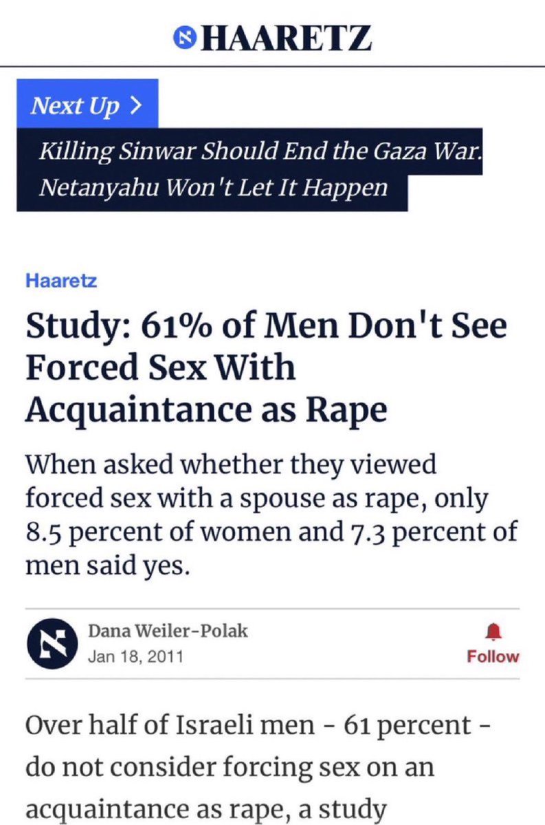 61% of lsraeIi men think it’s okay to rape an acquaintance. 

93% think it’s okay to rape your wife. 

65% support IDF soldiers raping PaIestinian prisoners (they rioted for it)

It’s sickening that our countries calls these people an “ally.”

Why should we be at war for them?