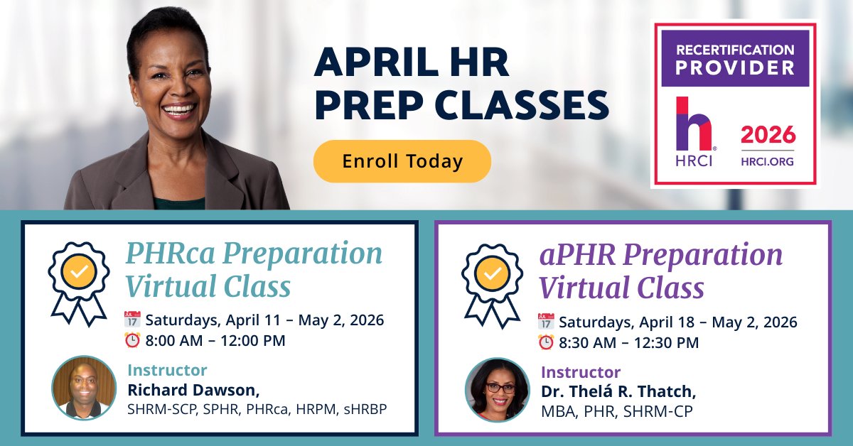 PIHRA's tweet photo. 🚀 Ready to earn your HR certification? 
 
📚 Upcoming Virtual Classes:
🎓 PHRca Prep – Saturdays, Apr 11–May 2
👨‍🏫 Instructor: Richard Dawson
🔗 https://t.co/lOO0UshCu5
 
🌱 aPHR Prep – Saturdays, Apr 18–May 2
👩‍🏫 Instructor: Dr. Thelá R. Thatch
🔗 https://t.co/sl2ioMvBhc https://t.co/3W3xhOWSBz