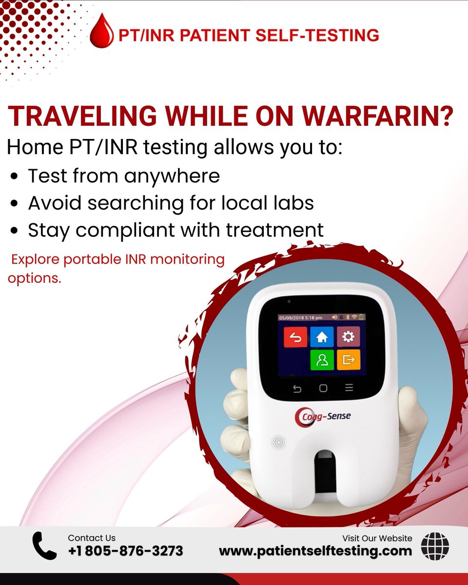 patient_self_t's tweet image. ✈️ Traveling while taking Warfarin?
Staying on top of your INR testing doesn’t have to be difficult.

With home PT/INR self-testing, you can:
✔ Test from anywhere
✔ Avoid searching for labs while traveling
✔ Stay compliant with your treatment plan

#INRTesting #Warfarin #Patie