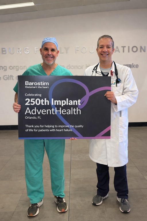 CVRx_Barostim's tweet photo. Congratulations to Dr. Manuel Perez-Izquierdo, Dr. Hector Lozano, and the heart failure, cardiology, and vascular surgery teams at AdventHealth on reaching the milestone of 250 #Barostim implants! Thank you for your dedication to advancing innovative therapy options and improving the lives of patients living with #heartfailure.