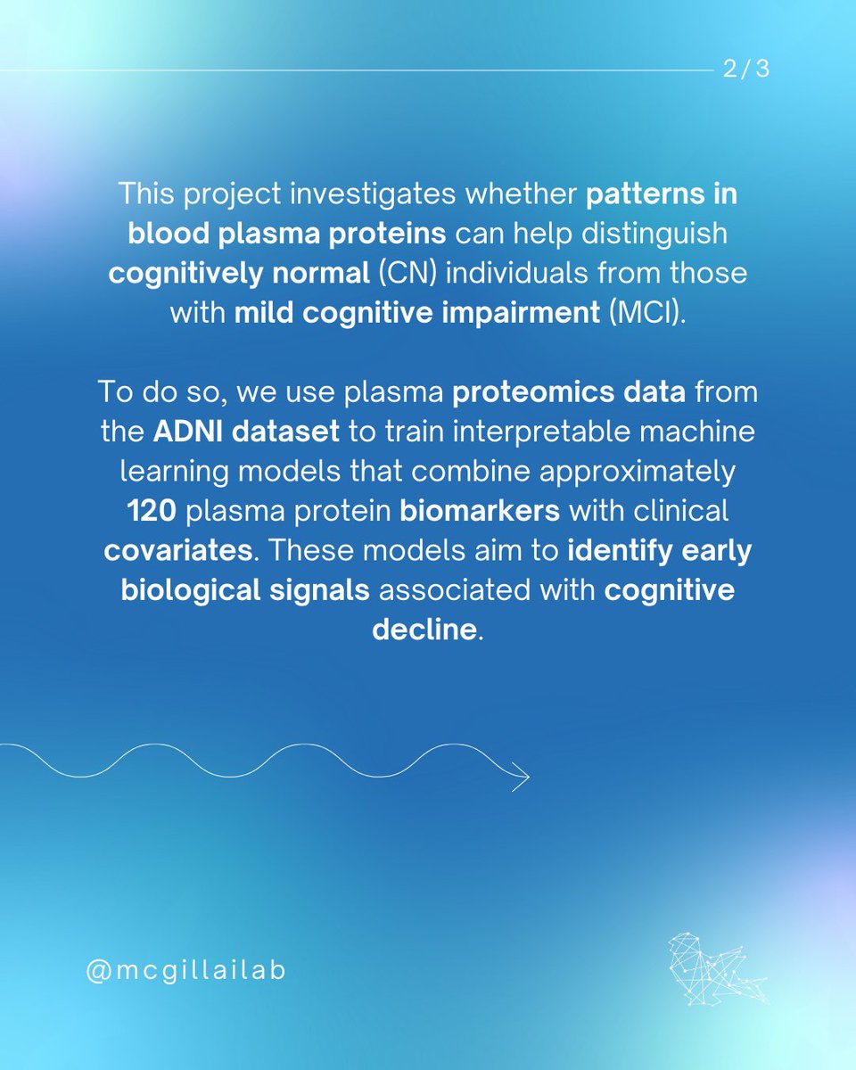 mcgillailab's tweet photo. Looking for members! 

We’re starting a new project using interpretable ML + plasma proteomics to detect early cognitive impairment and study Alzheimer’s progression using the ADNI dataset.

Apply here:
https://t.co/FGjhS3RhKt https://t.co/LnyJwKOfl1
