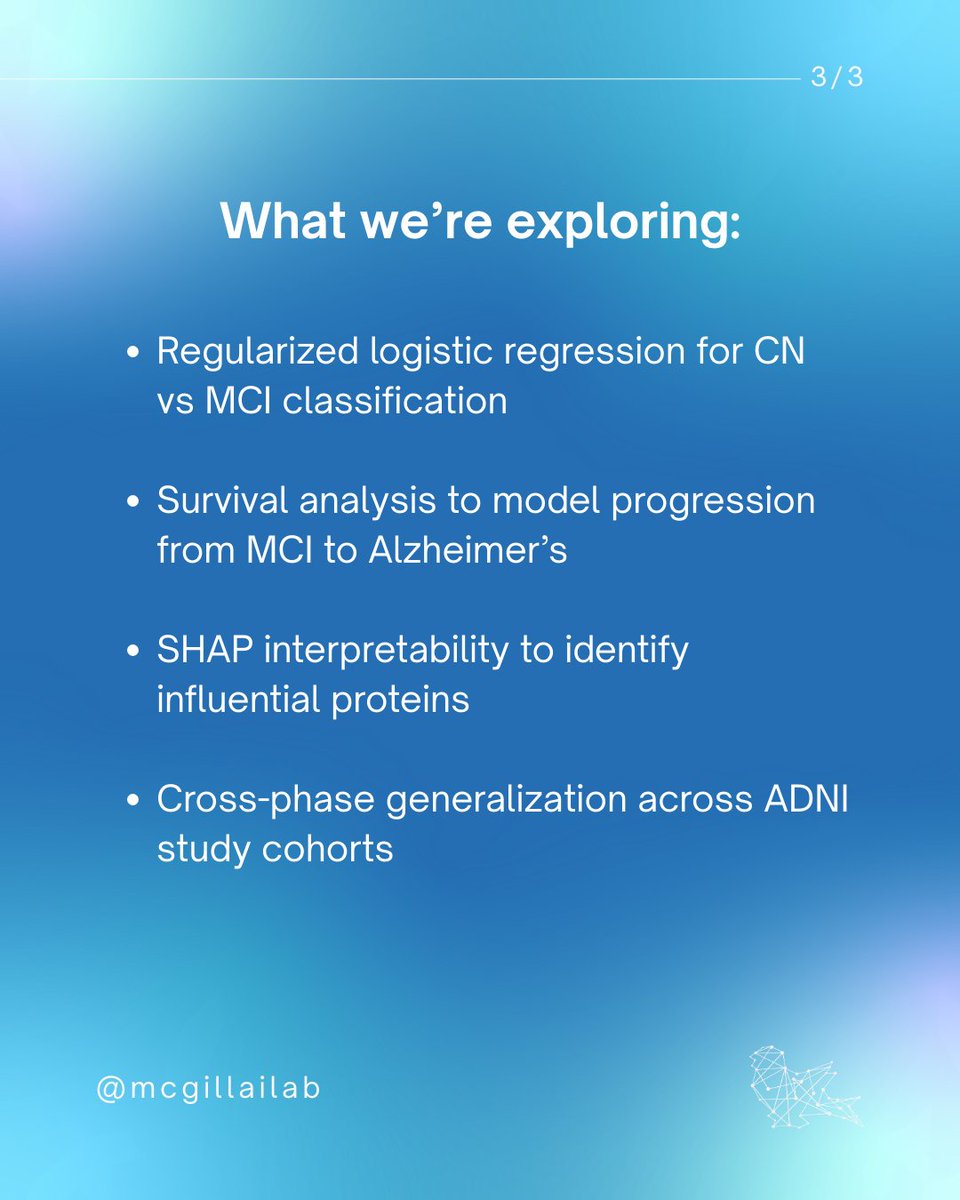 mcgillailab's tweet photo. Looking for members! 

We’re starting a new project using interpretable ML + plasma proteomics to detect early cognitive impairment and study Alzheimer’s progression using the ADNI dataset.

Apply here:
https://t.co/FGjhS3RhKt https://t.co/LnyJwKOfl1