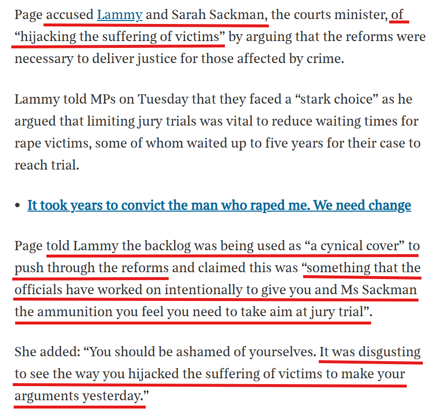theolester42's tweet photo. Some seriously scorching stuff against Lammy &amp; co, from Flora Page KC.
Her pointing the finger at anti-jury MoJ officials, as being part of why gvnt is pushing this so hard, feels like it's on the money. See also, Robert Buckland's failed attempt to restrict juries in 2020.. https://t.co/AezVC9VJNB
