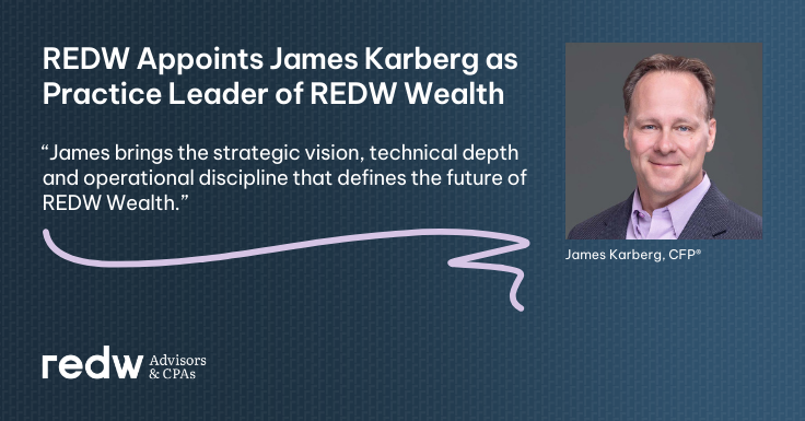 SteveCoganCPA's tweet photo. 📢 REDW is pleased to announce that James R. Karberg, CFP®, has been appointed Practice Leader of REDW Wealth! 

Read the full announcement at the link below. 👇
https://t.co/ZZjFQYvuTi https://t.co/G8H8MxZdv9