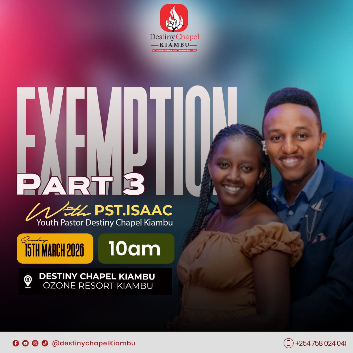 DestinyKiambu's tweet photo. Join us this Sunday for EXEMPTION Part 3 with PST. Isaac ๐ฅ๐ฅ๐ฅ
Come expecting freed & transformation in special way
God has truly been moving. It's been testimony after testimony. Don't be the one that misses out
#DestinyChapelKiambu #ChurchInKiambu #SundayService #ChuchInvite https://t.co/23kq7xVZA9