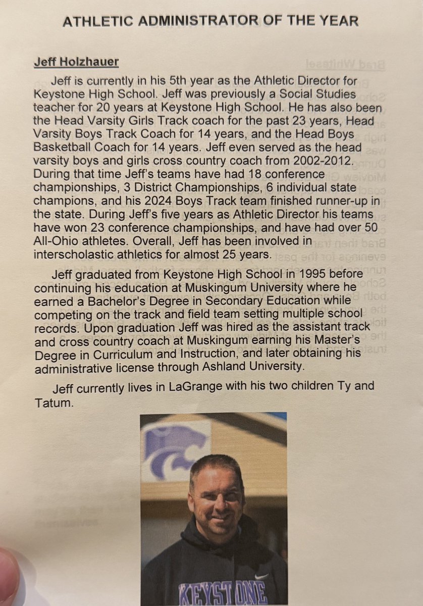 KATSLaGrange's tweet image. Congratulations to @KLSD_Sports athletic director @KeystoneTrack Jeff Holzhauer for being selected by the Lorain County Athletic Administrators Association as the Athletic Director of the Year! @KeystoneSchools #keystonepride