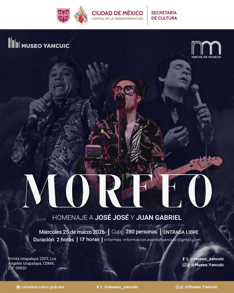 nochedemuseos's tweet photo. ¡Seguro que te las sabes todas!
Así que no te pierdas el tributo que Morfeo nos presentará en la #NocheDeMuseos  del @museo_yancuic

25/03
17 H
  E. Libre
  Cupo: 280 p
En Foro Katya Echazarreta
Info:   informacion.eventosyancuic@gmail.com
Ermita   Iztapalapa 2325
Revolu https://t.co/KhJmB9gSe9