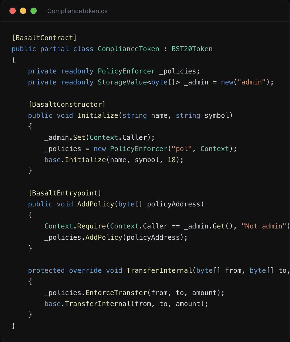 BasaltEU's tweet photo. How it works:

Deploy a policy contract. Attach it to any BST token with one call. Every transfer runs through the policy before state mutations.

token.AddPolicy(holdingLimitAddress);
token.AddPolicy(sanctionsAddress);
=> Every Transfer/TransferFrom now enforces both https://t.co/q2uwAz8nuQ