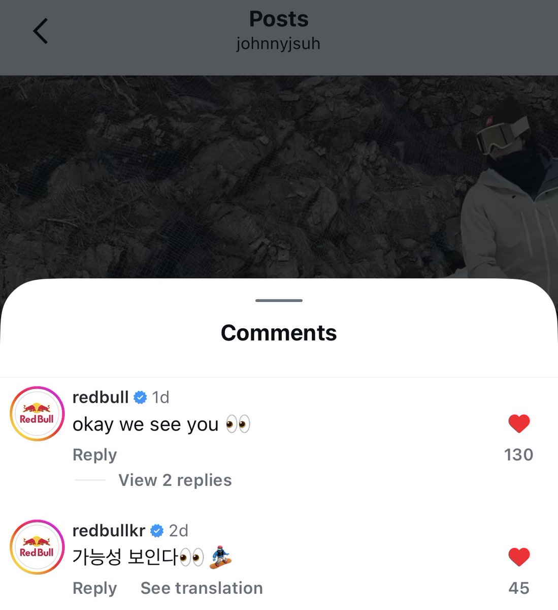Red Bull commented on Johnny’s Instagram Reel

instagram.com/reel/DVgjcq2Ep…

redbull; okay we see you 👀 
redbullkr; 가능성 보인다 👀🏂 (I see potential)

#JOHNNY #쟈니 
#JOHNNYSUH #ジャニー