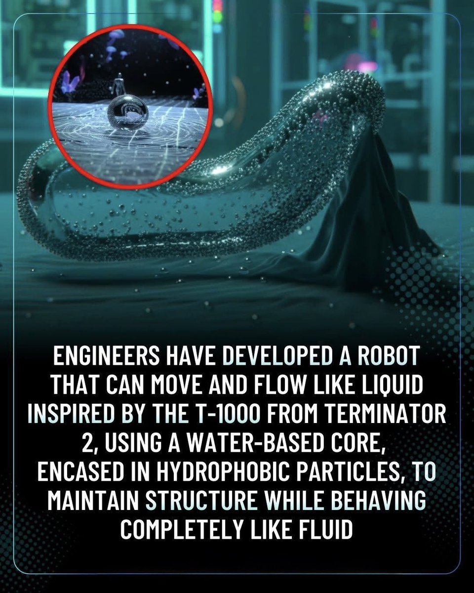 ScienceUnfold's tweet photo. 👾 THE ROBOT THAT MOVES LIKE LIQUID… AND IT’S REAL

For years, the liquid robot in Terminator 2: Judgment Day looked like pure science fiction. A machine that could flow, reshape itself, and slip through tiny spaces seemed impossible. Now researchers at Seoul National University and Gachon University have created something surprisingly close, a particle-armored liquid robot.

It looks like a small droplet of water, but its surface is covered with special particles that act like armor. This allows the droplet to stay together while still moving like a liquid. With magnetic control, scientists can guide it through narrow spaces and even change its shape.Experts believe this strange technology could one day deliver medicine inside the human body or reach places normal robots cannot.
Science fiction imagined it first. Now, reality is slowly catching up.