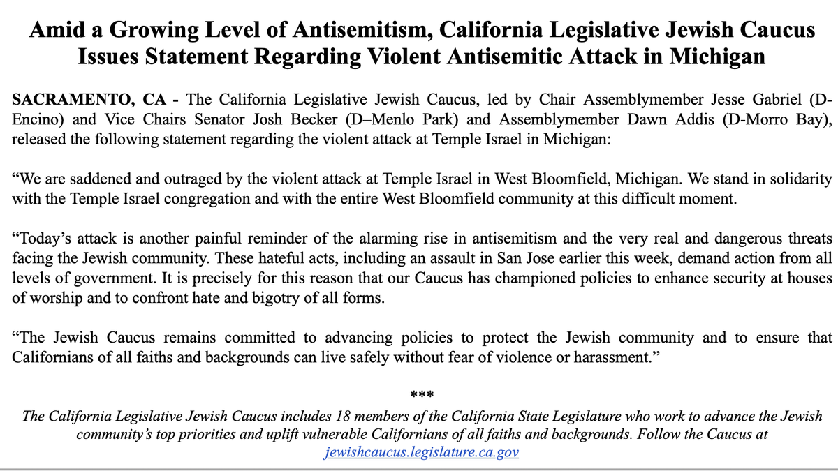California Legislative Jewish Caucus release statement following the attach on a synagogue in Michigan.