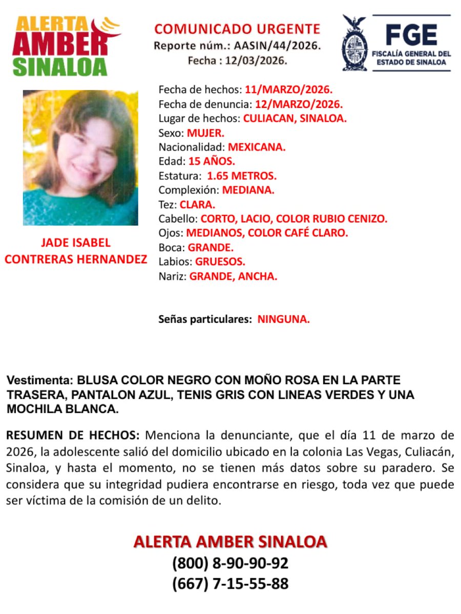 SE SOLICITA LA COLABORACIÓN DE LA SOCIEDAD PARA LOCALIZAR A LA ADOLESCENTE. #AlertaAmberSinaloa #FiscaliaSinaloa