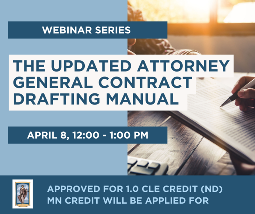 StateBarND's tweet photo. Join us for a special webinar in our new series, The Updated Attorney General Contract Drafting Manual. Learn more &amp; register: https://t.co/eDbpkZxSfs https://t.co/UvKqjOpsU1