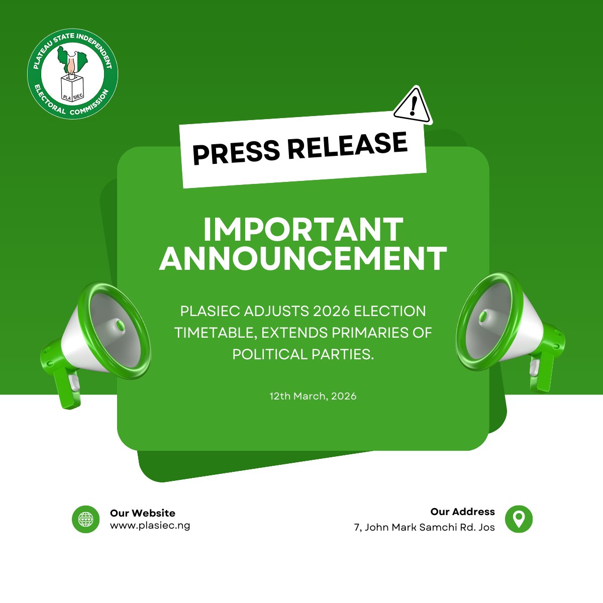 plasiecorg's tweet photo. PLASIEC has adjusted the timetable for the 2026 Plateau State LG Elections.
Political party primaries will now hold March 7 – April 7, 2026.
Elections remain September 9, 2026.
Full details: https://t.co/GdaVZY2TR9 https://t.co/J0BMZVN6JR