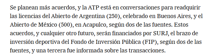 RMorU's tweet photo. Los árabes planean compras las licencias del ATP 250 de Buenos Aires y el ATP 500 de Acapulco para organizar el M1000 de Arabia durante ese intervalo de tiempo.

Por otro lado, el Chile Open y Dubai se podrían adelantar en el calendario o mover al final de la temporada, también se habla de la baja de otros torneos.

Definitivamente los árabes van a dejar la real caga con la reestructuración que estan estudiando junto con la ATP.

Fuente: NYTimes
https://t.co/oKv7wyrHFd

Créditos por el aviso: Sebita López de tenischileoficial (instagram)