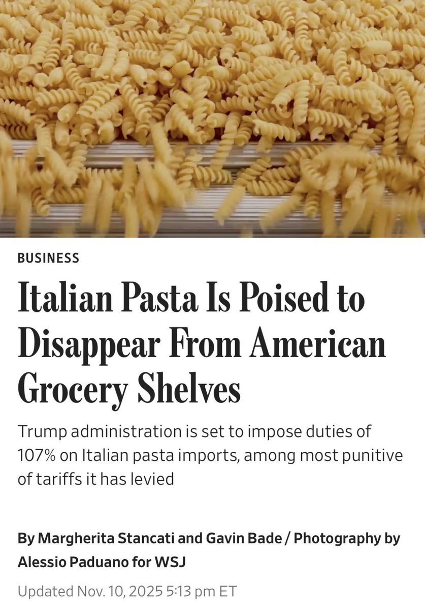 4 months ago, the <a href="/WSJ/">The Wall Street Journal</a> ran a trash article claiming Italian pasta was going to "disappear" from grocery stores because of the Trump Admin to panic American consumers. 

This ended up being FAKE NEWS. Italian pasta remains on shelves across the country.

🧵Here's what happened...