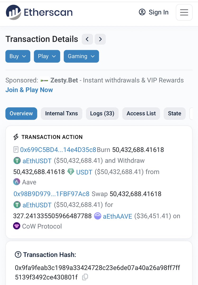 lianshangalpha's tweet photo. 2小时前，一巨鲸地址（0x98B9D.....97Ac8）在链上使用$50,432,688 USDT（$50.43M）SWAP 兑换 #AAVE，他被夹子夹飞了，他得到了327.24 aEthAAVE，损失高达 $5040 万。  他的 #AAVE 成本价格为 $154,115，比最高点的BTC还高；现在327.24 aEthAAVE 还冰冷的躺在他的钱包里。

链上Hash：https://t.co/obcyte94Q6